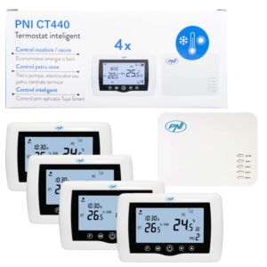 Pametni termostat PNI CT440 brezžični, z WiFi, nadzor 4 con preko interneta, za toplarne, črpalke, el.