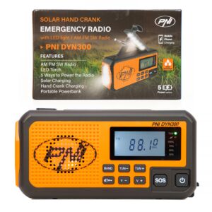 Prenosni radio PNI DYN300, z dinamom, solarnim polnjenjem, svetilko, powerbank 4000 mAh, SOS, oranžen