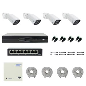 Paket PNI House IP816 NVR s 4 kamerami PNI IP780 4K, virom, stikalom, kabli, vtiči in razdelilniki