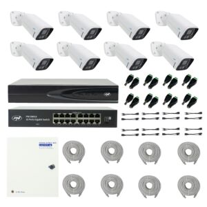 Paket PNI House IP816 NVR z 8 kamerami PNI IP780 4K, virom, stikalom, kabli, vtiči in razdelilniki