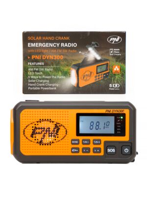 Prenosni radio PNI DYN300, z dinamom, solarnim polnjenjem, svetilko, powerbank 4000 mAh, SOS, oranžen