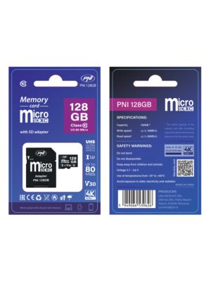 Pomnilniška kartica MicroSD PNI 128GB z adapterjem SD, Class 10, 80 Mb/s, V30